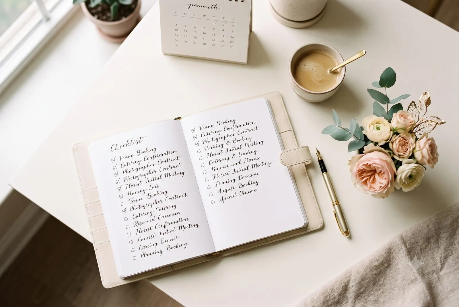 Hochzeitsplaner mit handgeschriebener Checkliste, Stift, Kaffee und Blumen von oben