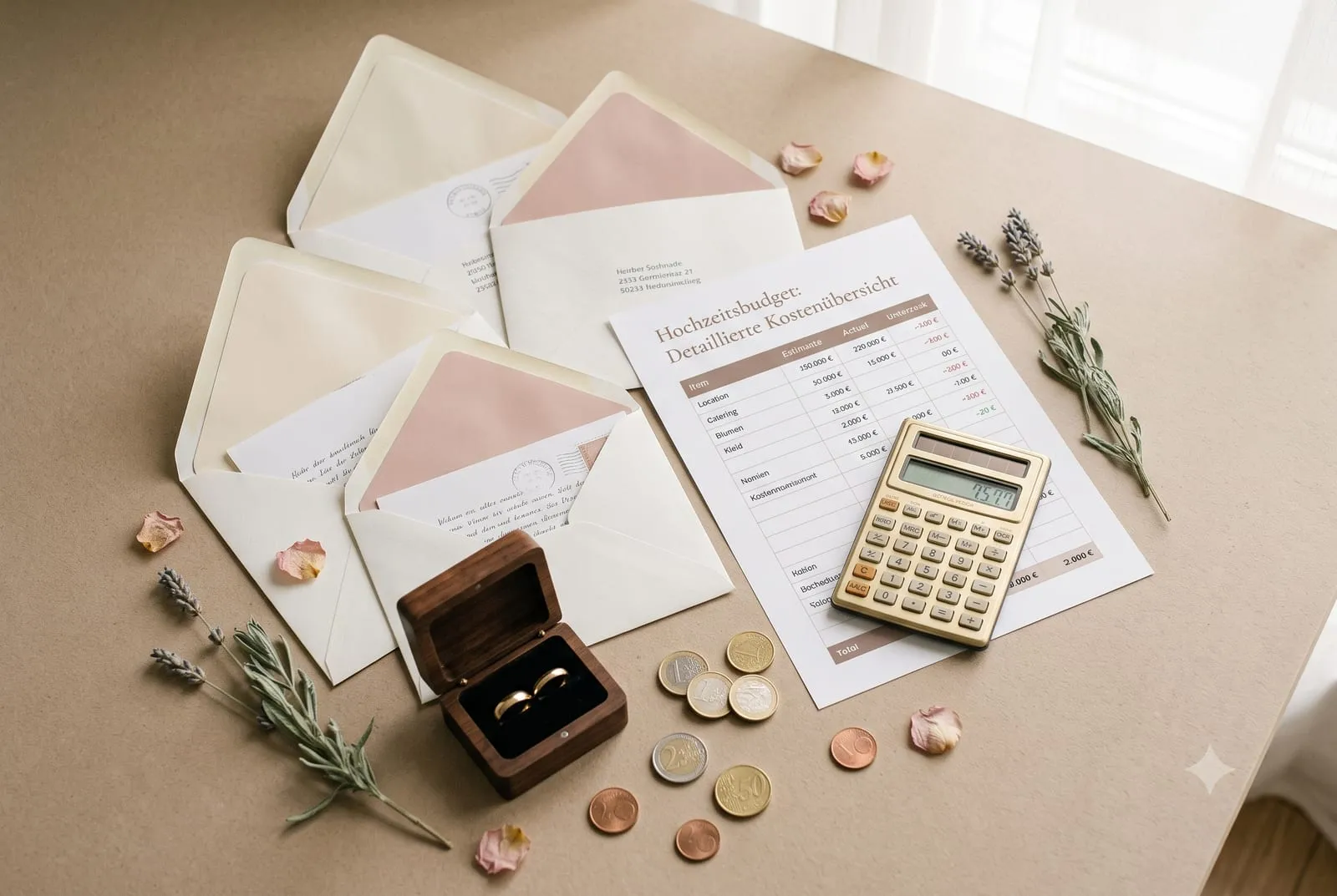 Schreibtisch mit Hochzeitsunterlagen, Taschenrechner, Eheringen und Münzen