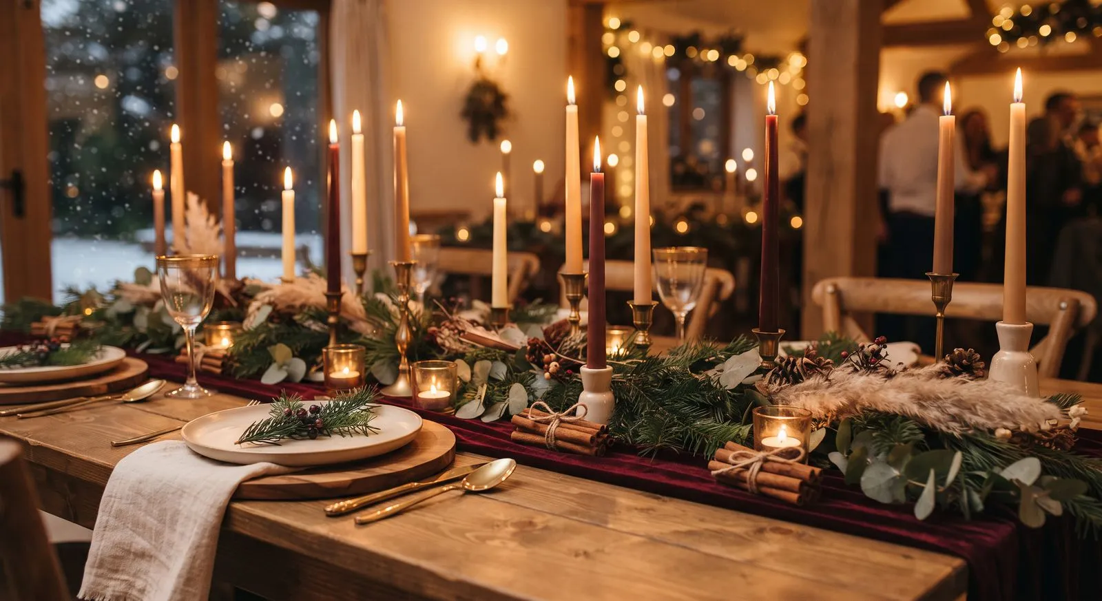 Winterliche Hochzeitstafel mit Kerzen, Tannengrün und warmem Kerzenlicht am Abend
